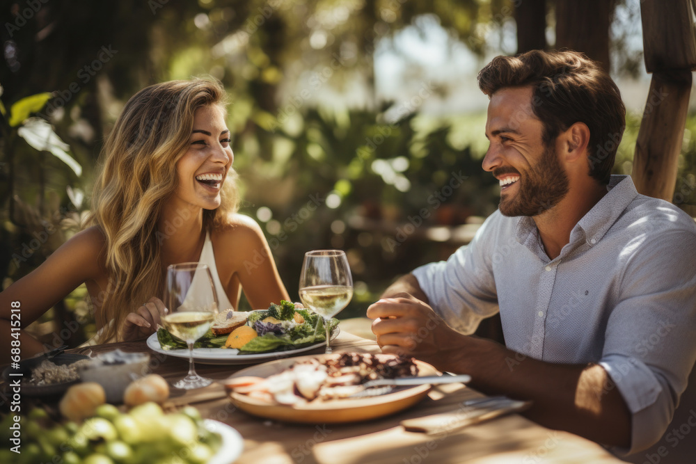 Joyful Couple Enjoying Outdoor Lunch With Wine in Sunshine
