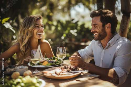 Joyful Couple Enjoying Outdoor Lunch With Wine in Sunshine 