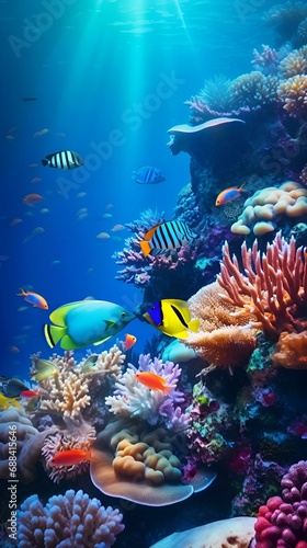 Underwater view of coral reef and more fish swimming sealife © Sathit