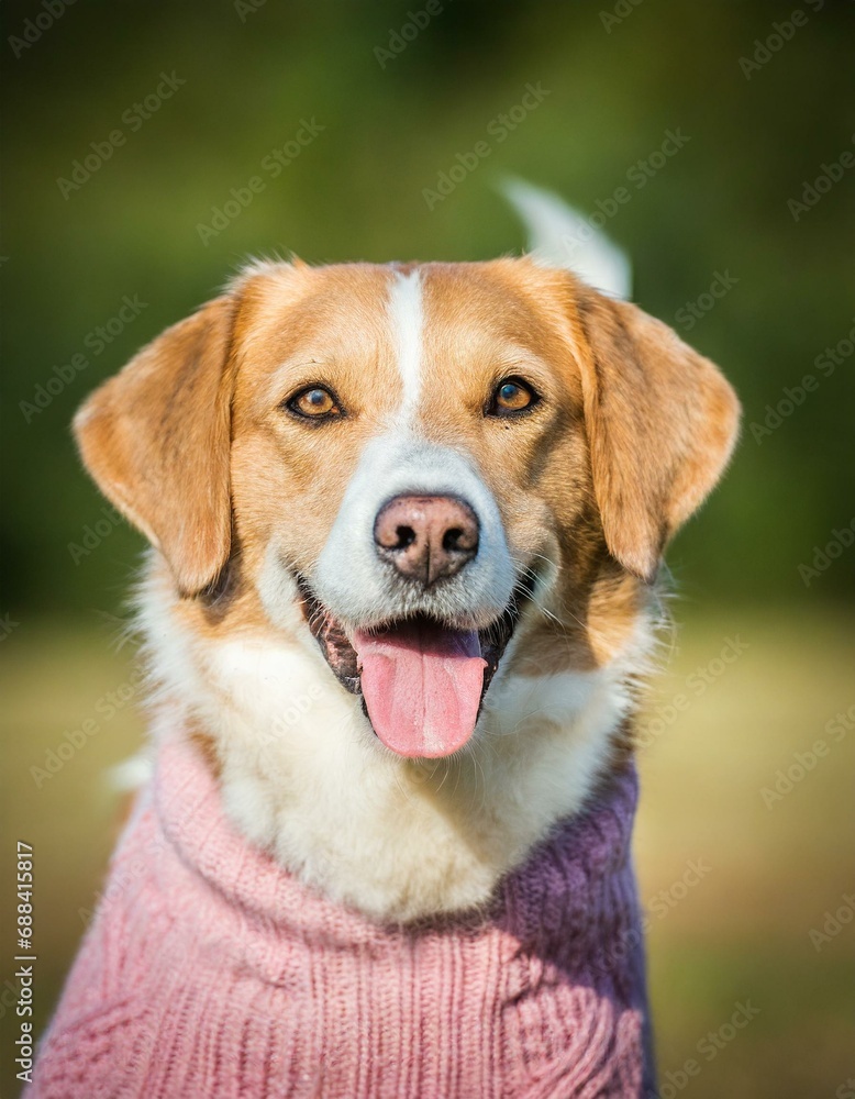Sweater Weather Smiles: Portrait of a Cute Dog in a Sweater, Smiling. Generative AI