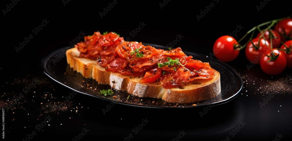 Spanish Pan con Tomate bread on a plate on wood background