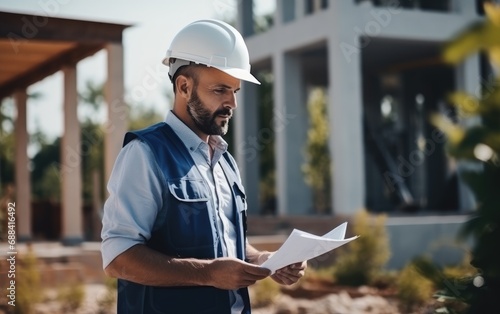 Civil architect engineer inspecting and working outdoors building site with blueprints