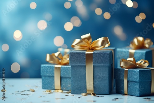 Blue Christmas gift boxes with gold bow on blue defocused holiday background © Denis