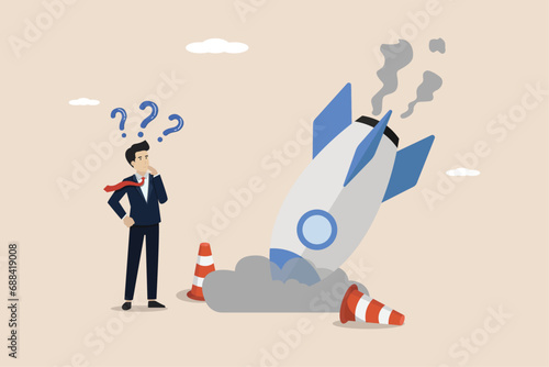 Businessman with plans and falling rocket. Business failure, technical error, wasted effort, startup failure.