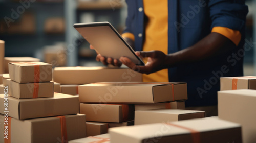 African-American man using tablet in warehouse, closeup. Online shopping