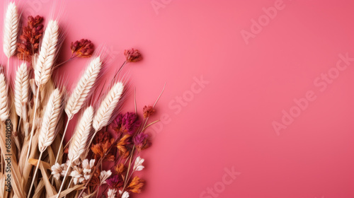 Spikelets of wheat and dried flowers on a pink background.