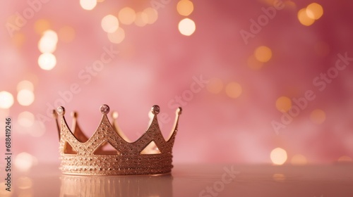 Gold crown on a pink background with bokeh. Copy space.