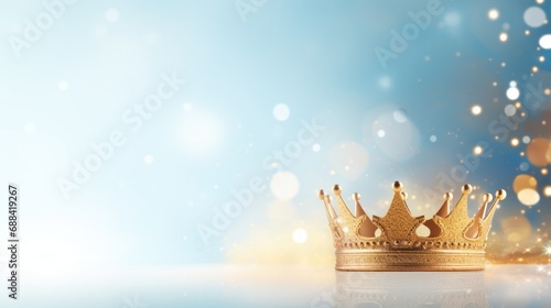 Golden crown on blue bokeh background.