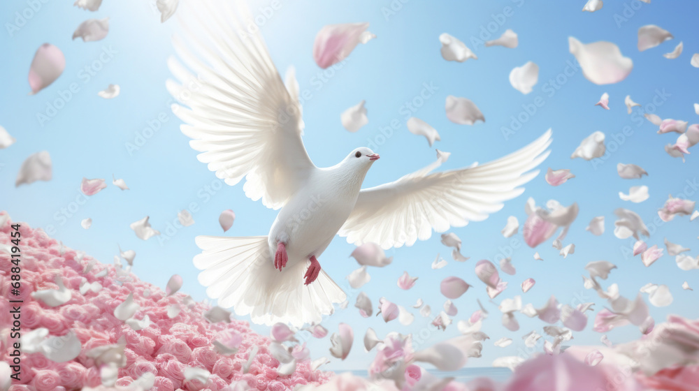 Fototapeta premium White dove flying in the blue sky with pink petals.