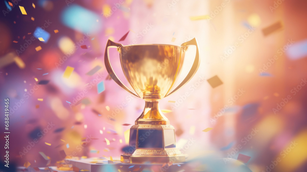 Golden trophy cup with confetti on the background. - obrazy, fototapety, plakaty 