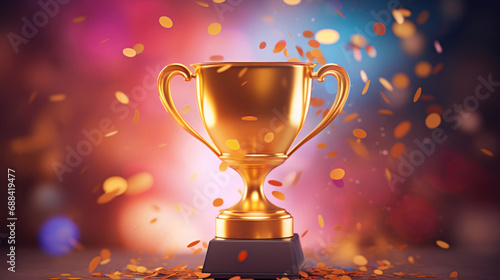 Golden trophy cup with confetti on bokeh background.