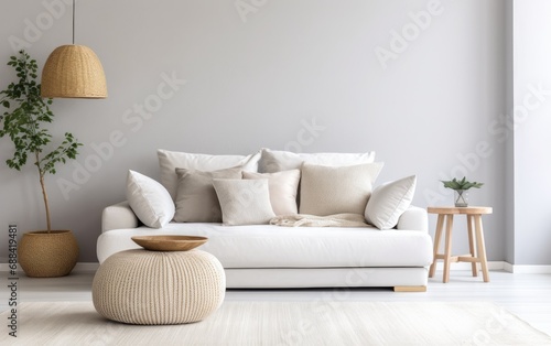 Scandinavian home interior design of modern living room. Knitted pouf, fabric sofa with blanket and pillows