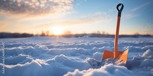 Evening descends on a snowy landscape, an orange shovel stands against the twilight photo