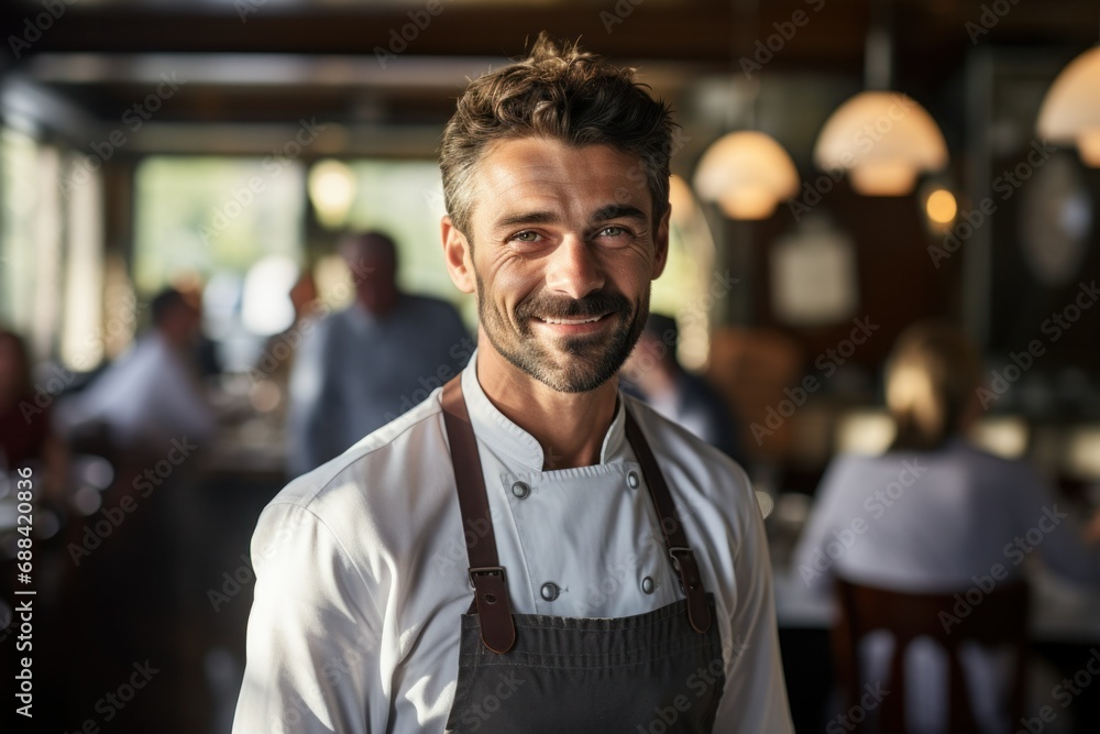 Portrait of a Smiling Male Chef in a Busy Restaurant Setting
Portrait of a Smiling Male Chef in a Busy Restaurant Setting
