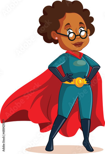 Funny Strong Superhero Granny Vector Character of African Ethnicity. Strong super grandma wearing cape and hero costume

