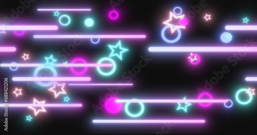 Blue purple glowing geometric abstract background pattern of flying lines of circles and stars