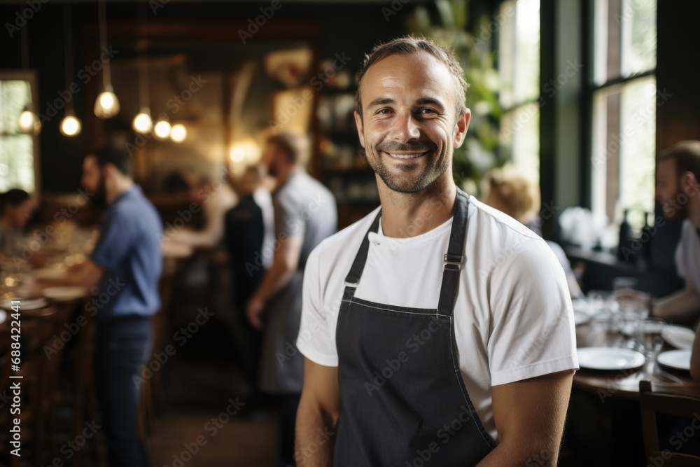 Smiling Chef in Apron Standing Proudly in Bustling Restaurant
Smiling Chef in Apron Standing Proudly in Bustling Restaurant