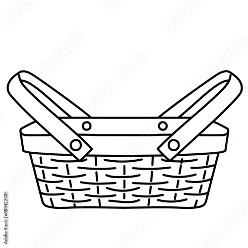 モノクロ_レトロな木のかご、ピクニックバスケットのイラスト素材
