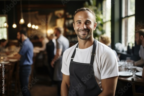 Smiling Chef in Apron Standing Proudly in Bustling Restaurant 