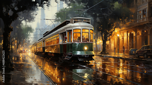 Oil Painting of Yellow Color Old Tram on Road Cityscape Background