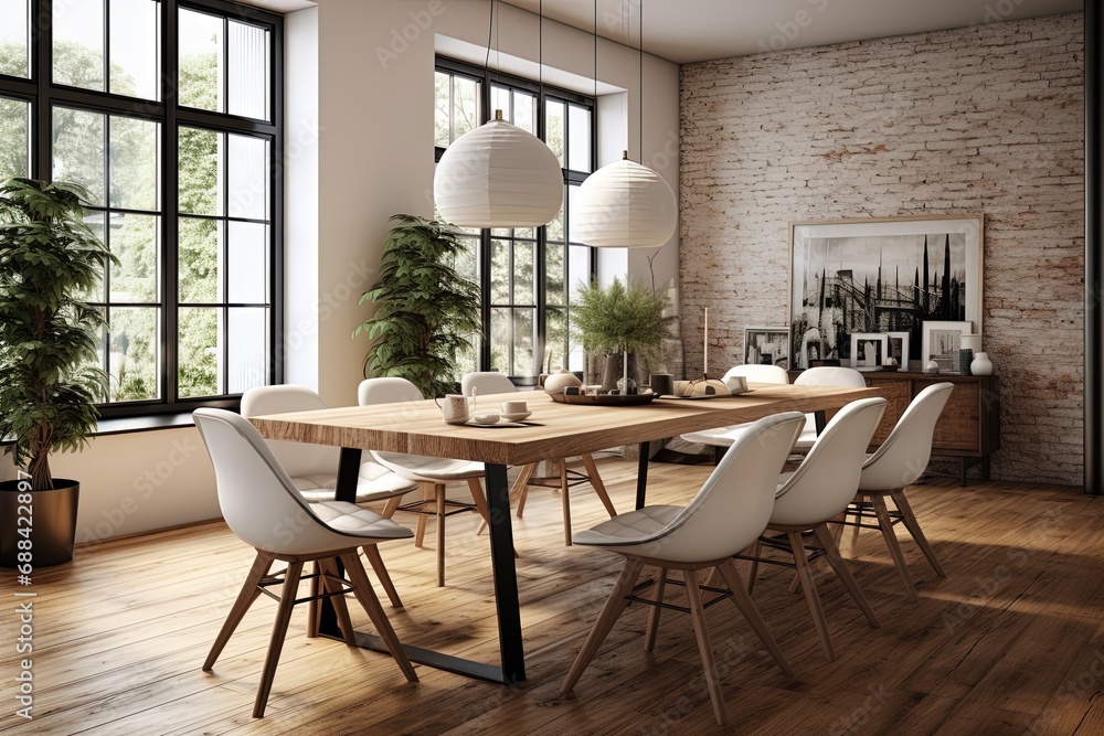 Luxury and modern dining room with wooden table, white chairs and white lights. Created with Ai