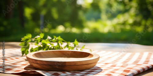 An empty wooden tray on a classic checkered tablecloth, inviting a picnic under the trees