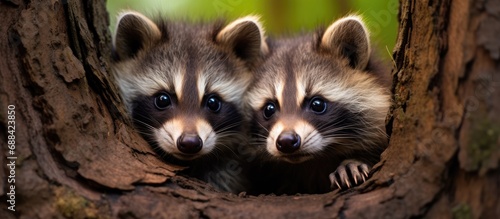 Photo of three young raccoons climbing over each other to look out of a hole in a big tree in the midwest.