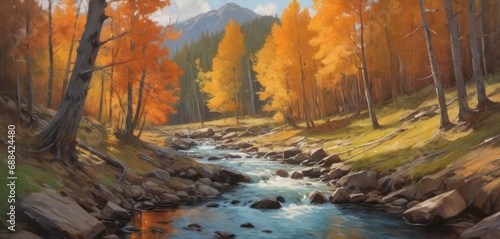  a painting of a stream running through a forest with rocks and trees in the foreground and a mountain in the background.