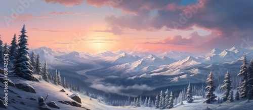 Winter sunset creates tranquil panorama of snow covered mountains. photo