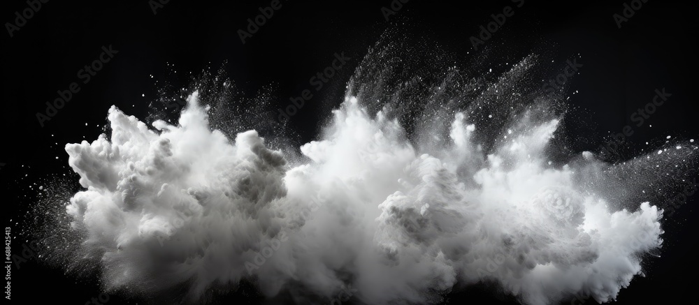 White powder explosion isolated on black background. Smoky burst.