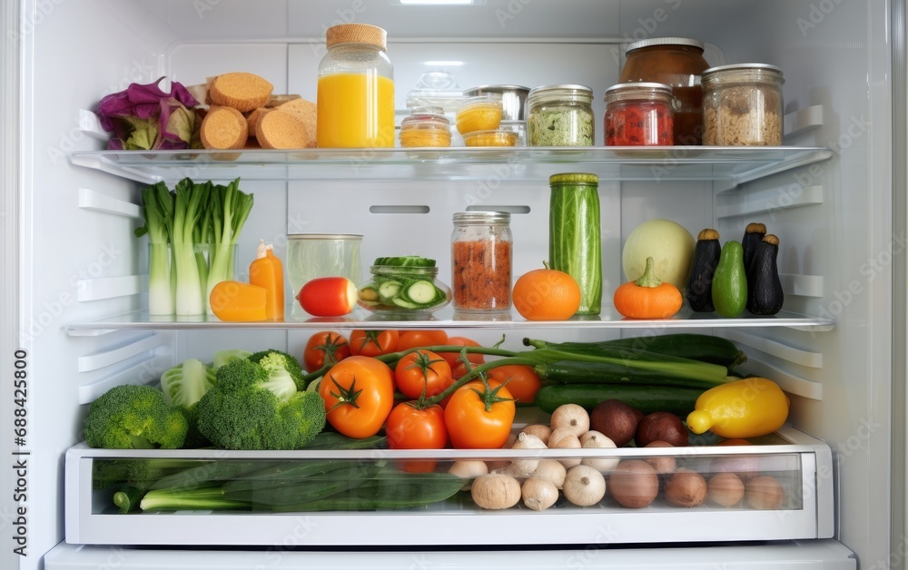 Opened fridge with a healthy food inside Opened fridge with a healthy food inside