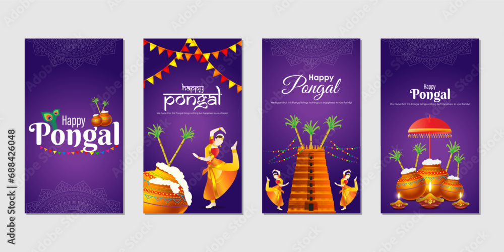 Vector illustration of Happy Pongal social media feed set template - obrazy, fototapety, plakaty 