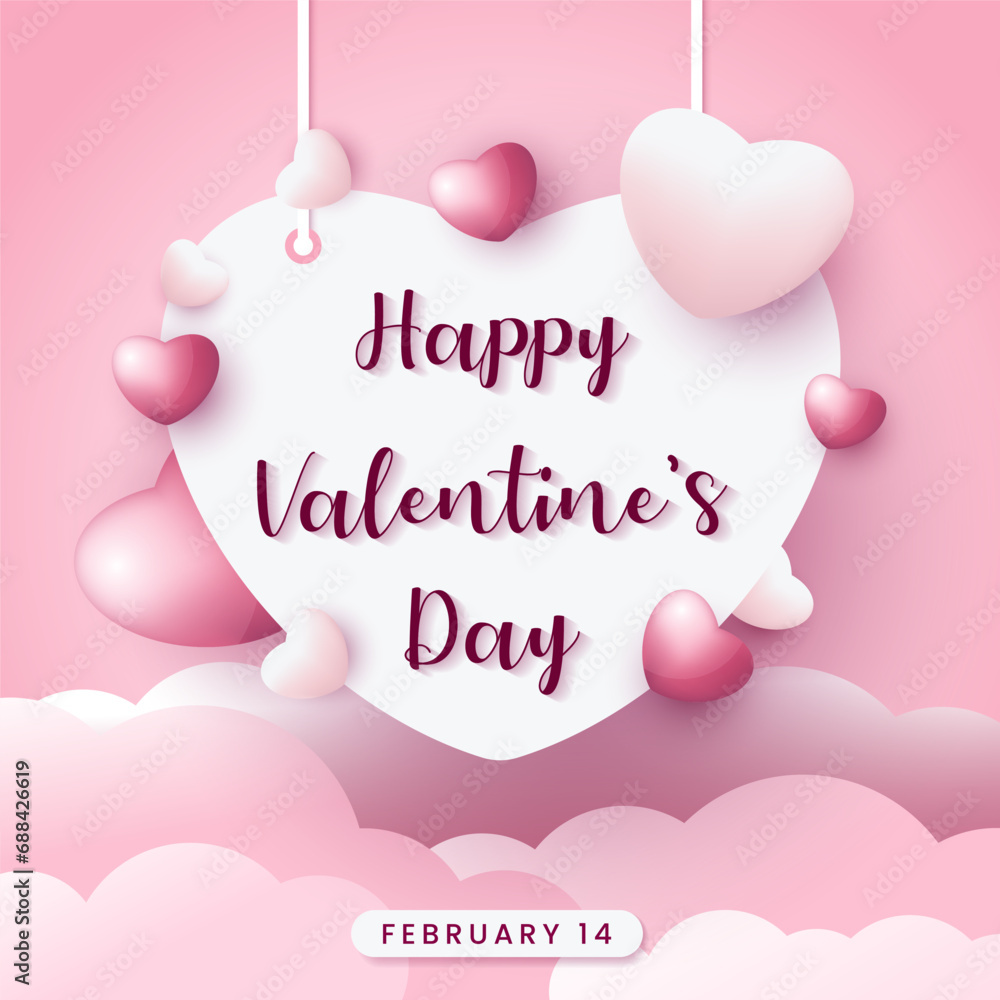 Happy Valentine's Day greeting card, with accessories in the shape of love on a pink background above the clouds