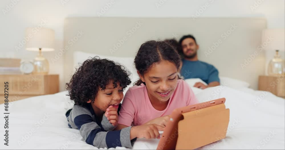 Happy family, tablet and kids on a bed with love, streaming or watching cartoon, video or film in their home. Digital, app and children bond in a bedroom with online subscription, games or movies