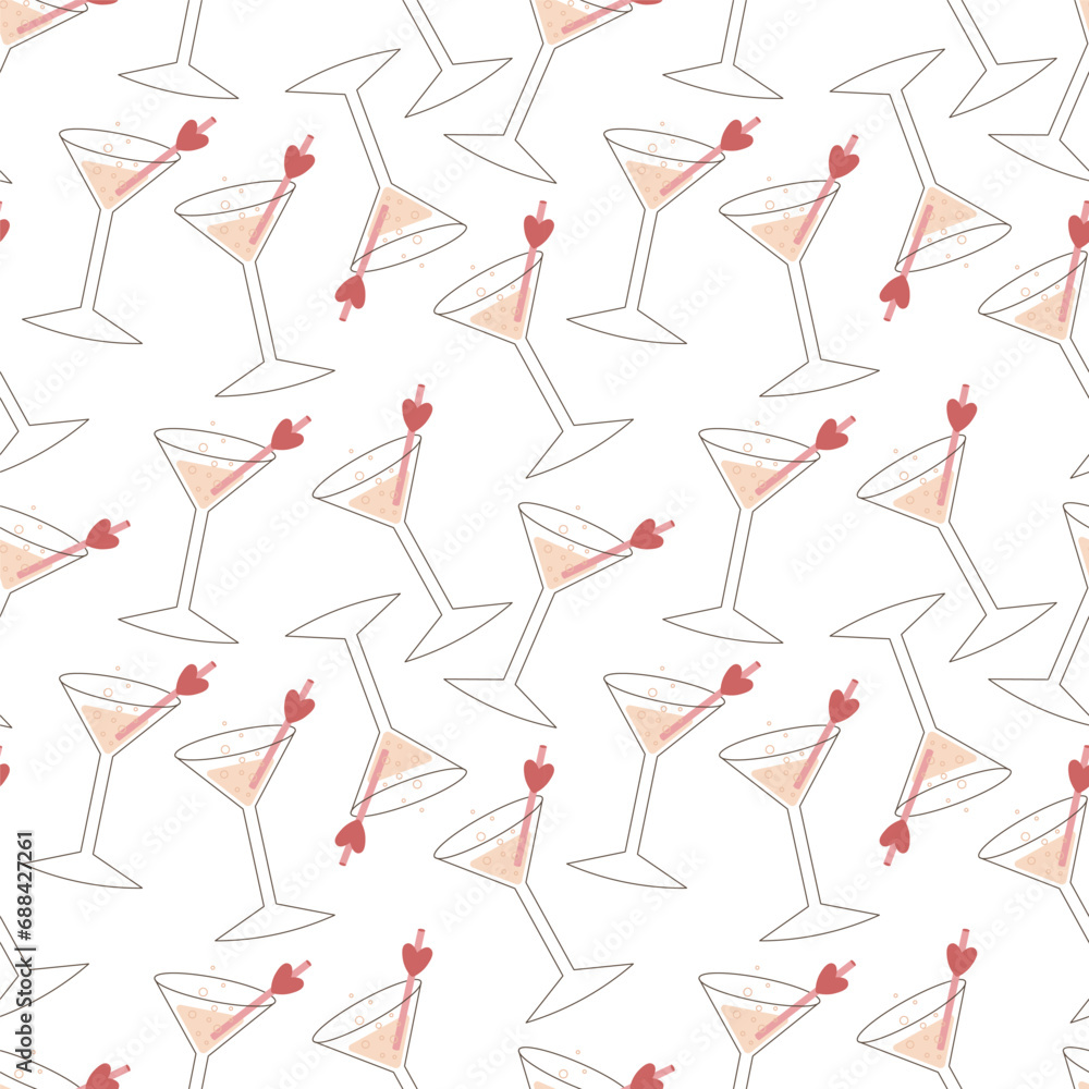 Seamless alcohol pattern with cocktail. Transparent martini glass, straw with a heart Seamless alcohol pattern with cocktail. Transparent martini glass, straw with a heart