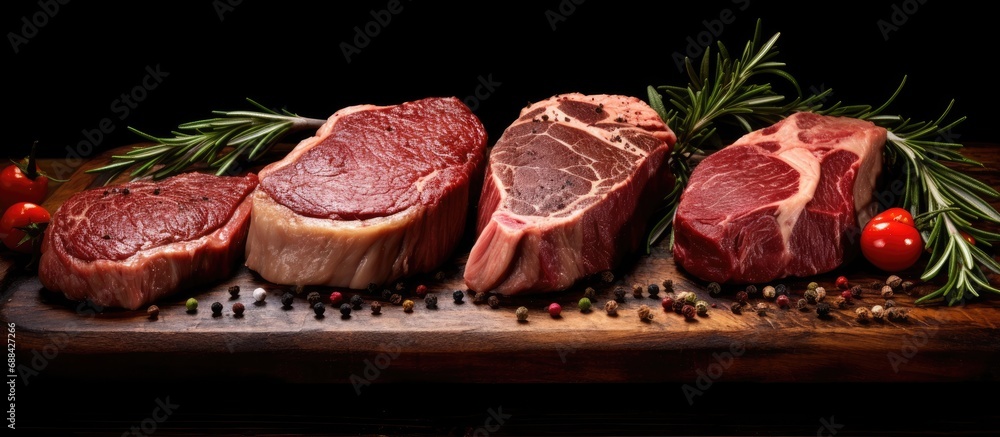 Varieties of fresh beef steak: rib eye, striploin, tomahawk t-bone, and tenderloin.