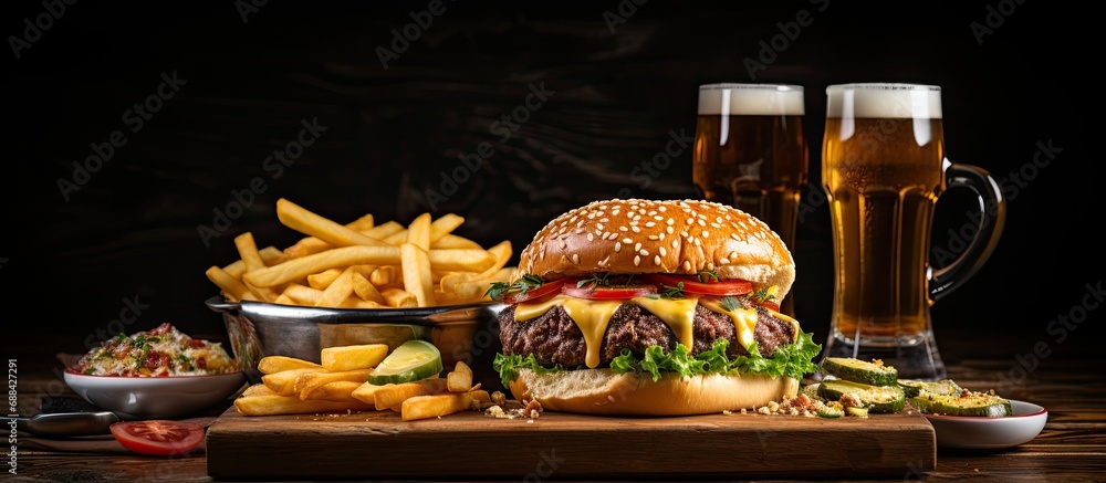 Cheeseburger with toppings, fries, and beer, presented on a cutting board. Cheeseburger with toppings, fries, and beer, presented on a cutting board.