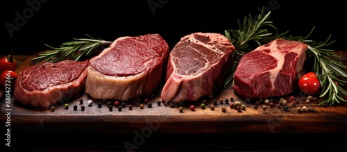 Varieties of fresh beef steak: rib eye, striploin, tomahawk t-bone, and tenderloin.