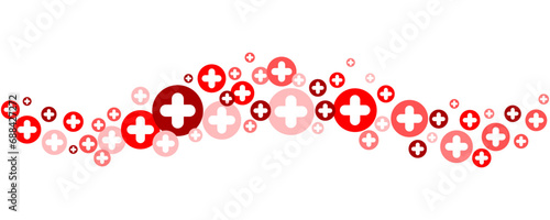 Fototapeta Naklejka Na Ścianę i Meble -  Medical cross and plus wavy background. Abstract seamless red border for hospital healthcare and pharmacy. Geometrical shapes ornament. Vector wallpaper