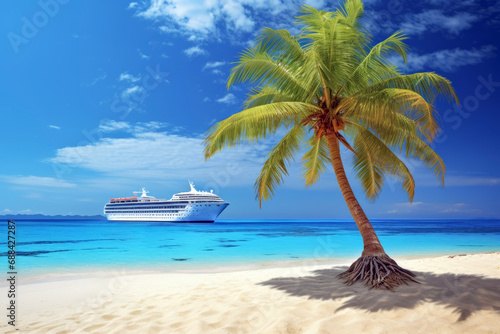 Cruise with palm trees on the beach in the background of beautiful sky and sea. Travel concept of vacation and holiday.