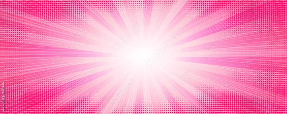 Obraz premium Pink sunburst comic background. Pop art vector cartoon abstract frame. Retro radial explosion striped wallpaper with halftone.