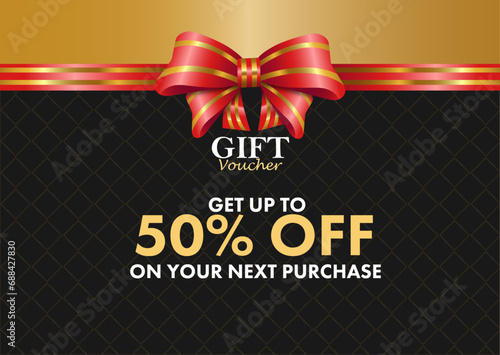 Gift voucher template with glitter gold luxury elements and red bow. Vector illustration. Design for invitation, certificate, gift coupon, voucher, diploma etc.