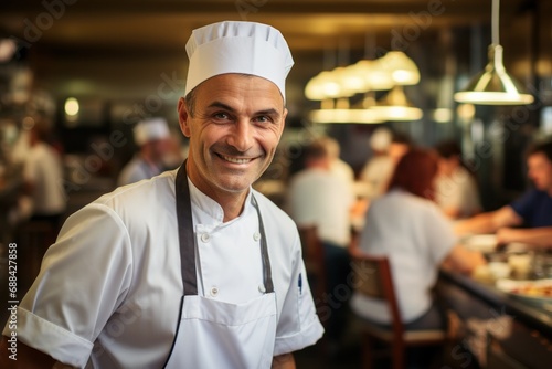 Smiling Professional Chef in a Bustling Restaurant Kitchen 