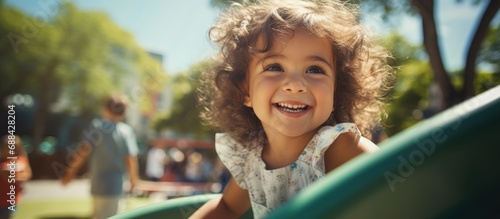 Fototapeta Naklejka Na Ścianę i Meble -  3-year-old girl enjoying outdoor summer activities on a playground.