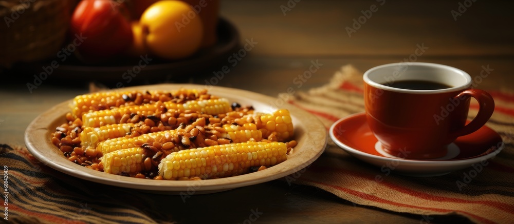 Mexican corn-based dish with coffee on a woven tablecloth. Mexican corn-based dish with coffee on a woven tablecloth.