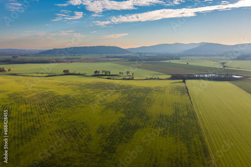 Green agricultural farmland fields in Willamette Valley, Oregon near Monmouth.  Aerial photography photo