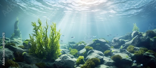 Underwater image of laminaria, sea kale, and saltwater reef.