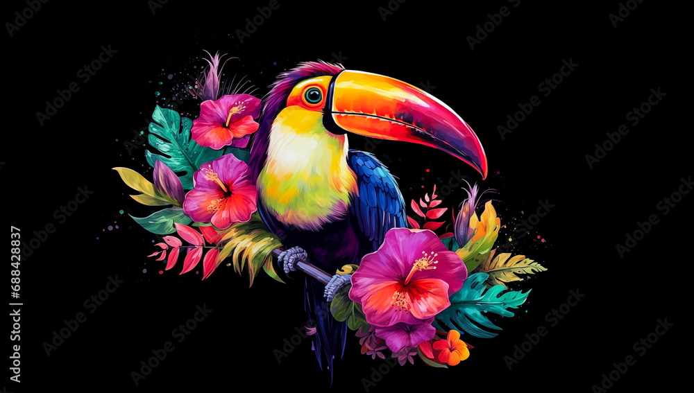 Colorful toucan bird with tropical flowers watercolor art with splash of paint, isolated on black background. Tropical paradise travel vacation cute cartoon, exotic jungle graphic resource by Vita - obrazy, fototapety, plakaty 