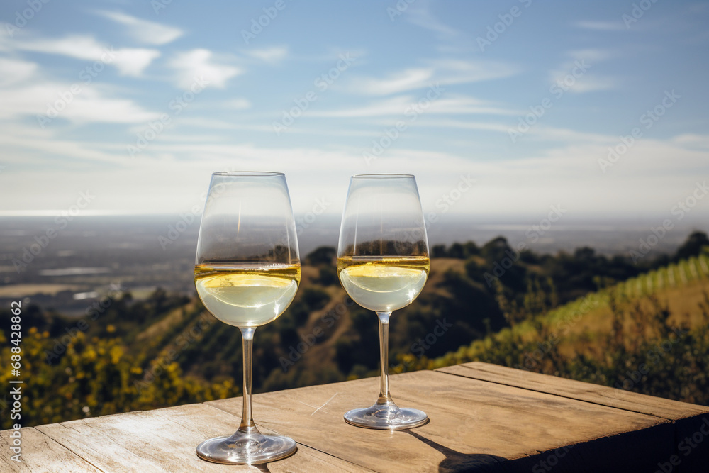 Obraz premium white wine glass on wooden table view of winery 