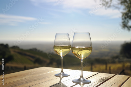 Summer evening time. Still life with white wine glass on wooden table over background of panoramic view of lush vineyards at sunset. Tasting  festivals  sophisticated lifestyle and winem